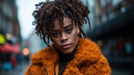 A striking portrait of a confident woman with curly hair and freckles, dressed in an orange fluffy coat, standing in an urban setting, evoking feelings of empowerment and style.