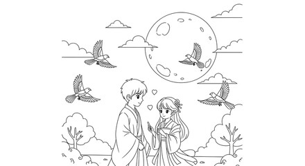 Anime couple in traditional japanese clothing under a large moon with birds flying isolated on transparent background