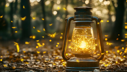Vintage lantern glows in a mystical forest