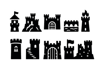 Obraz premium Castle, fortress silhouette icon set. medieval, fantasy, stronghold silhouettes collection