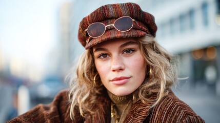 This fashionable portrait captures a woman in a stylish hat and cozy outfit, embodying modern trends and elegance against an urban backdrop, radiating confidence and grace.