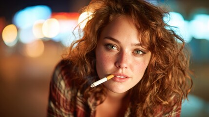 A young woman with curly hair and a cigarette exudes confidence and attitude in an urban setting, capturing a moment of street life and personal expression.