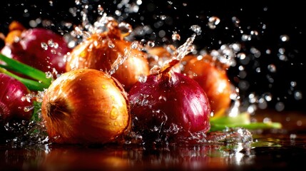 Fresh onions splash in water, creating dynamic droplets against a black background, emphasizing freshness and vitality while showcasing culinary artistry and detail.