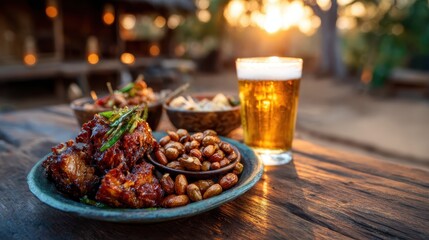 A beautifully arranged meal with fried chicken, peanuts, and a cold beer at sunset showcases the joy of shared dining experiences in a warm, inviting outdoor setting.