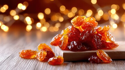 A vibrant composition of assorted dried fruits arranged nicely, highlighted against a soft bokeh background that accentuates their rich colors and textures.
