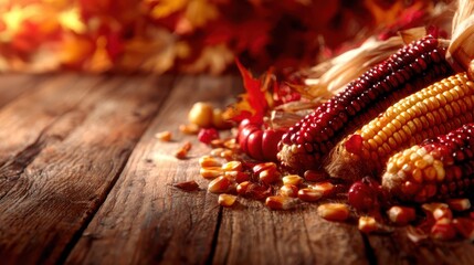 A beautiful display of autumn corn surrounded by vibrant fall leaves on a rustic wooden table, embodying the essence of the harvest season and warm family gatherings.