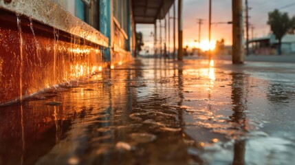 A captivating sunset reflection on wet pavement, emphasizing the interplay of light and color as the sun sets, creating a serene and tranquil mood in the urban landscape.