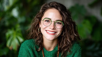 A joyful woman with curly hair and stylish glasses beams against a lush green background, showcasing confidence and a vibrant connection to nature and beauty.