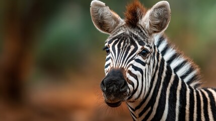 A close-up of a zebra showcases its captivating black and white stripes, with soft expressions, set against a warm, blurred natural backdrop that highlights its beauty.