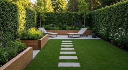 Elegant backyard garden with wooden planters and lounge chairs