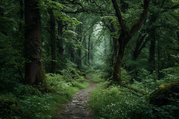Obraz premium Forest path winding through a lush green summer forest