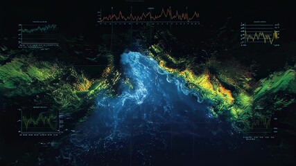 Satellite image of earth at night with data analysis and charts displaying relevant information, highlighting geographical features and data visualization - Powered by Adobe