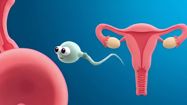 Cartoon sperm cell approaching human uterus in simplified reproductive anatomy diagram