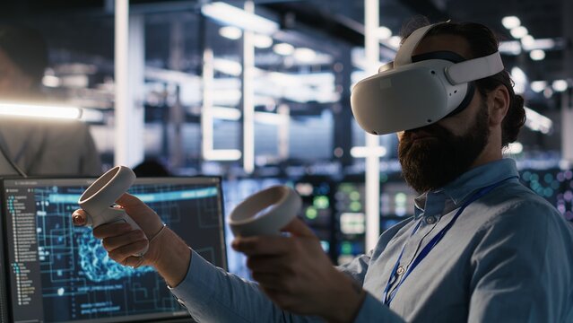 Data center technician using VR headset to monitor neural network AI LLM visualization. Server room worker using virtual reality tech to oversee rigs powering machine learning processes, camera A