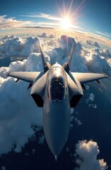 Obraz premium sleek fighter jet soaring above fluffy clouds against sunlit sky. aviation technology and speed concept. aircraft innovation, travel inspiration, military theme. print design, educational material.