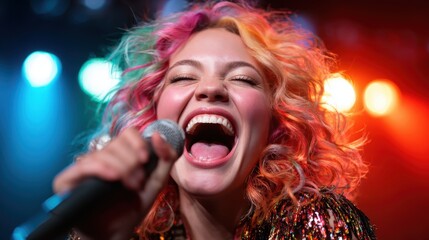 A vibrant image captures a joyful female singer passionately performing on stage, as colorful lights illuminate her wild hair and a microphone in hand conveys excitement and energy.