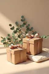 Brown Kraft Paper Gift Boxes with Silk Ribbon and Eucalyptus Leaves. Minimalist Premium Packaging Scene on Neutral Background