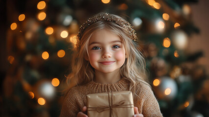 Smiling girl holding Christmas present, warm festive lights and tree backdrop