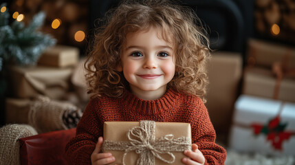 Smiling curly-haired child holding a gift, in festive red sweater