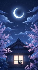 Fototapeta premium Anime style art of a cat silhouetted in a window, with a crescent moon and blossoming cherry trees. Calm, serene, nighttime scene.
