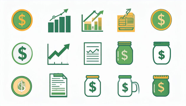 A collection of sixteen green and gold icons representing financial growth, savings, and budgeting, featuring dollar signs, bar graphs, line graphs, documents, and money jars