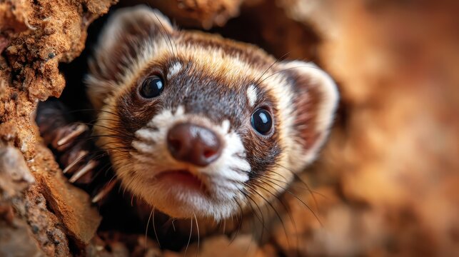 A close-up of an adorable ferret curiously peeks out from its burrow, showcasing its expressive eyes and inquisitive nature, evoking a sense of wonder and affection.