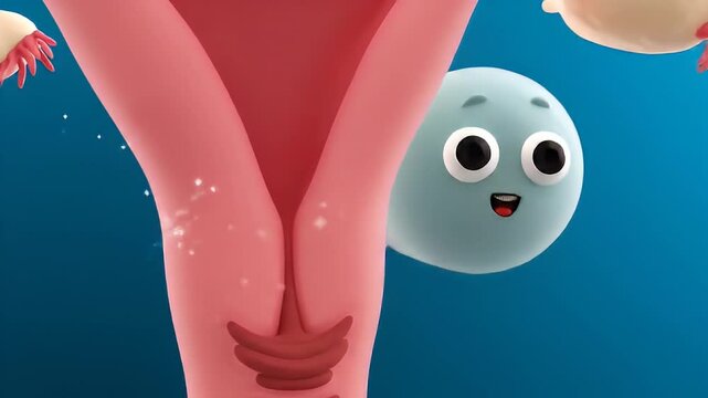 Cartoon sperm cell swimming toward cervix in uterus in stylized biology scene