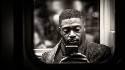 African american man using smartphone on public transport. Commuter looking at mobile phone in subway. Urban lifestyle footage.