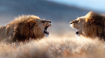 Two powerful lions facing each other in an intense roar, highlighting the primal nature and raw emotion of wildlife in their natural habitat.