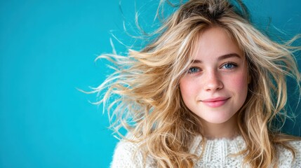 A cheerful woman with blonde hair smiles brightly against a vibrant aqua background, capturing a sense of joy and vitality that resonates with uplifting emotions.