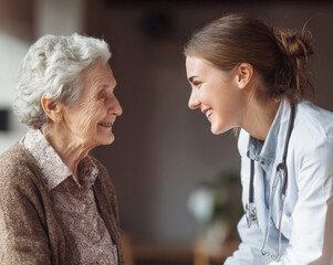 Compassionate Healthcare Professional Connecting with Smiling Senior, Fostering Trust and Providing Person-Centered Elderly Care