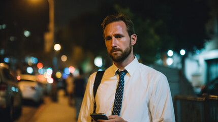 Tired man texting on phone at night on urban street. Late worker concept with business person walking home footage.