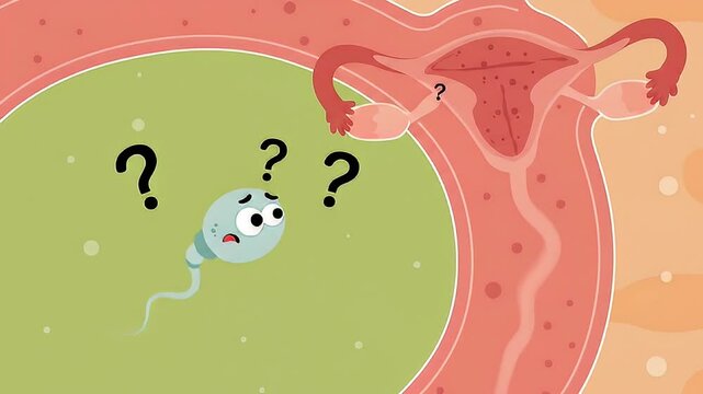 Cartoon sperm cell looking confused near uterus with question marks in educational diagram