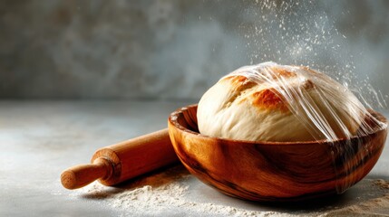 A rustic bowl filled with freshly made bread dough, covered in plastic wrap, surrounded by baking tools, embodying the warmth and comfort of homemade culinary traditions.