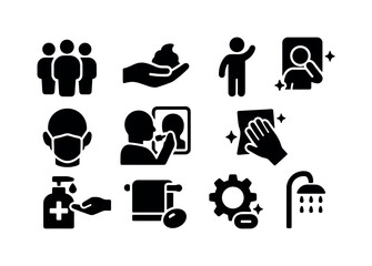Hygiene and cleanliness solid icon set: mask, handwash, cleaning essentials collection