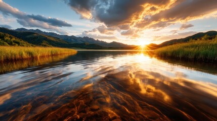 This breathtaking landscape features a serene lake at sunset, with colorful reflections and mountains, offering a peaceful view that inspires wonder and admiration for nature's beauty.