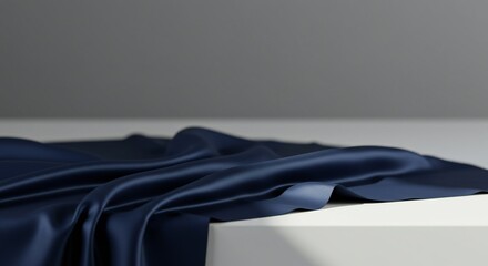 Navy blue satin fabric draped over a white table surface, exquisite sheen highlighted by soft natural lighting, minimalist composition emphasizing curves and folds.