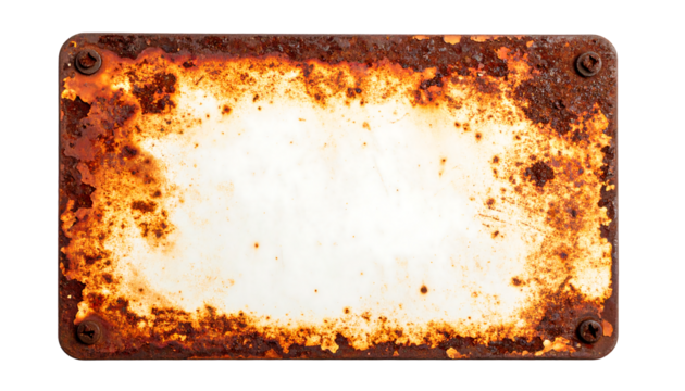 Rusty blank metal sign with grunge texture. Old frame background isolated on transparent. Vintage antique banner