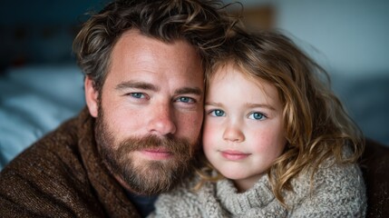 A touching portrait of a father and daughter sharing a loving moment, showcasing their close bond and the warmth of familial love in a serene environment.