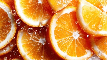 Close-up of fresh orange slices beautifully displayed, glistening with bubbles and water drops, creating a refreshing composition that celebrates vibrant colors and natural juiciness.