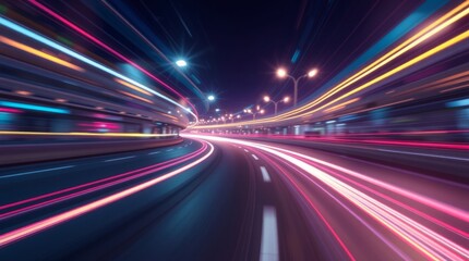 Nighttime Speed: A dynamic visual capturing the essence of high-speed travel at night, featuring vibrant light trails streaking across a dark sky.