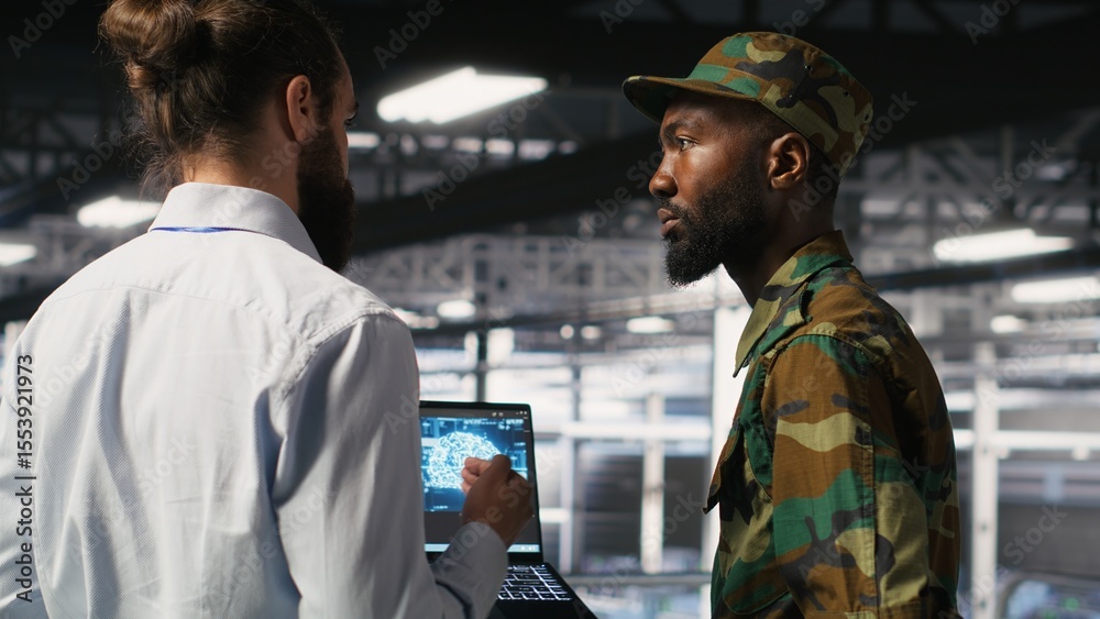 Poster army technicians in command center server room using artificial intelligence to detect cyber threats