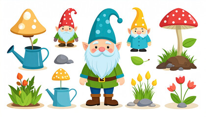 Fototapeta premium Cartoon gnomes and garden elements