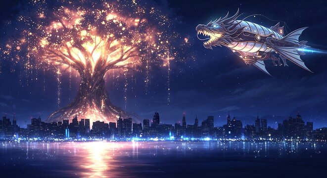 Fantasy cityscape. A luminous, glowing tree stands near a mirrored, nighttime skyline. A steampunk-styled, dragon-fish aircraft floats in the sky.