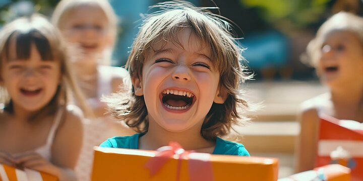 Happy kids celebrating birthday party with gifts and presents outdoors in summer joyful childhood moments