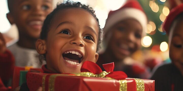 Christmas joy children opening presents holiday season family time happy kids african american festive mood