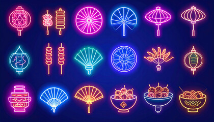 Vibrant neon-style icons depicting Asian lanterns, hand fans, food skewers, and bowls of food, set against a dark blue background