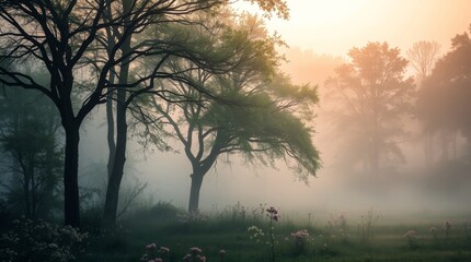 Serene Misty Treescape: A captivating photograph of towering trees, enveloped in a mystical mist, creating a tranquil and evocative scene of natural beauty. 