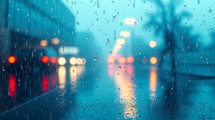 City Lights in a Downpour: A mesmerizing shot of raindrops on a windowpane obscures a blurred cityscape, illuminated by the soft glow of streetlights and passing vehicles during a rainstorm.
