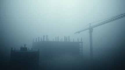 Construction Site in the Mist: A construction site shrouded in a dense fog, its silhouette a stark contrast against the ethereal backdrop.